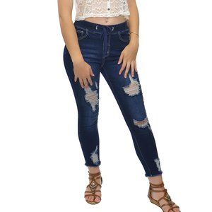 JUNIOR HIGH-RISE DENIM ANKLE JOGGERS - DK BLUE